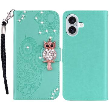 iPhone 16 Ugle Rhinestone Lommebok deksel med rhinestone   Cyan