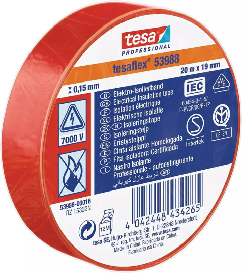 TESA 53988 Isolasjonstape PVC rød 19mm x 20m TESA 53988 Isolasjonstape PVC rød 19mm x 20m