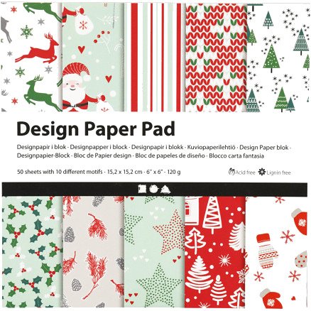 Designpapir i Blokk 15,2 x 15,2 cm Jul Grønn Rød Hvit 50 Ark