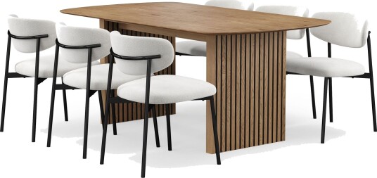 Richeto spisebord 180 cm med 6 Lucy spisestoler - Naturlig finish / hvit bouclé / metallben svart