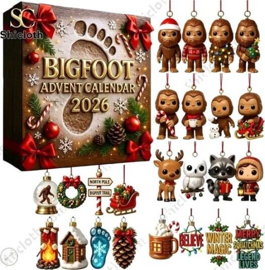 Nedtellingskalender til jul – 24 dagers nedtelling til jul hengende ornamenter Bigfoot tema julekalender blindboks