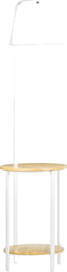 Hvit gulvlampe med hyller og linskjerm