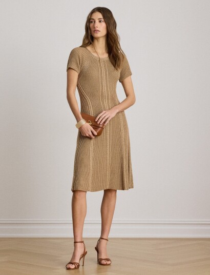 Lauren Ralph Lauren Cable & Rib Knit Short Sleeve Dress Brown M