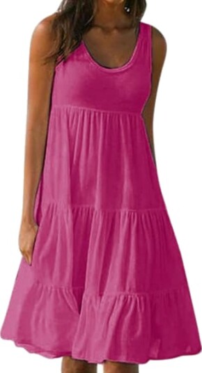 Sommerkjole for kvinner løs passform med volanger mini strand avslappet ferie Rose red