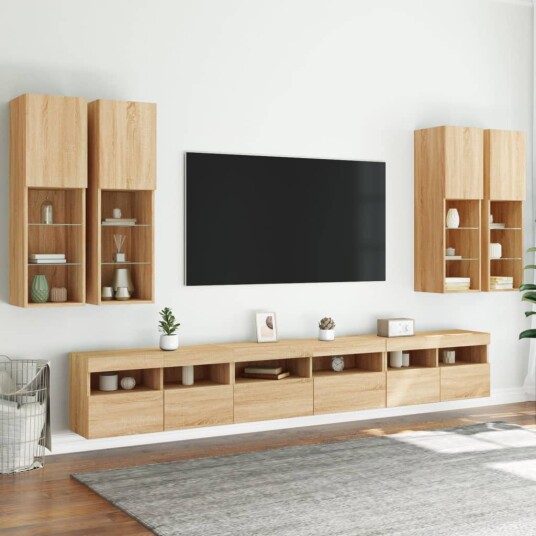 Vegghengte TV benker med LED 7 stk sonoma eik Vegghengte TV benker med LED 7 stk sonoma eik