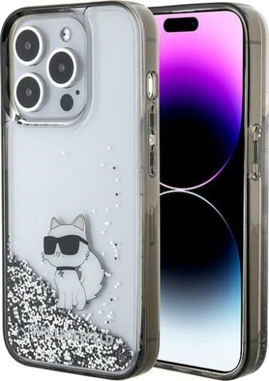 Karl Lagerfeld Liquid Glitter Choupette mobildeksel for iPhone 15 Pro Max - Gjennomsiktig