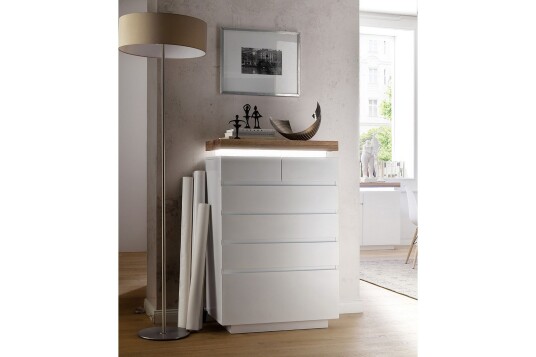 Kommode Romina 73 cm 4 Stora + 2 Små Skuffer Oljet Eik|Matt Hvit
