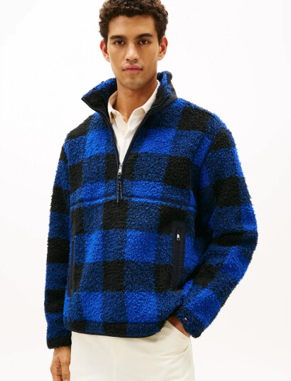 Tommy Hilfiger Teddy Fleece Check Pull Over - Blue - M Tommy Hilfiger Teddy Fleece Check Pull Over - Blue - M