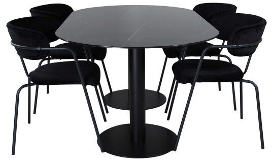 Venture Design Pillan & Arrow spisegruppe Svart/svart 4 stoler & bord 180 x 100 cm