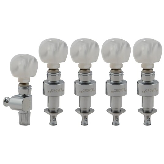 Grover 124c5 Geared Banjo Pegs W/round Pearloid Button - 5 Pcs, Chrome Grover 124c5 Geared Banjo Pegs W/round Pearloid Button - 5 Pcs, Chrome