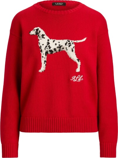 Lauren Ralph Lauren Intarsia Knit Dalmatian Cotton Sweater   RALPH RED MULTI   XS