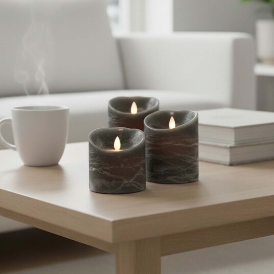LED Blokklys 3 stk bevegelig flamme svart   Inkl. fjernkontroll og timer 10/12,5/15cm høy Ø10cm ekte stearin