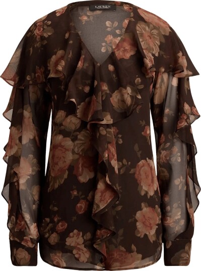 Lauren Ralph Lauren Floral Ruffle Trim Chiffon V Neck Blouse BROWN MULTI XS