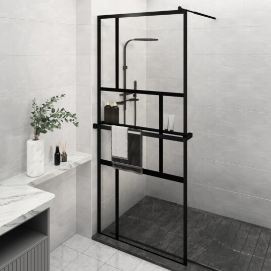 vidaXL Dusjvegg med hylle svart 100x195 cm ESG-glass og aluminium