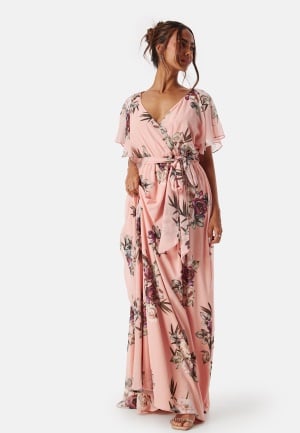 Goddiva Flutter Floral Maxi Dress Peach/Patterned S (UK10)