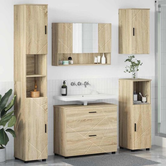 Baderomsinnredningssett 5 pcs Sonoma eik Ingeniørtre og metall