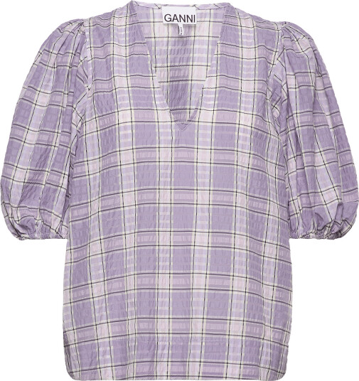 Ganni | Seersucker Check V Neck Blouse | 34