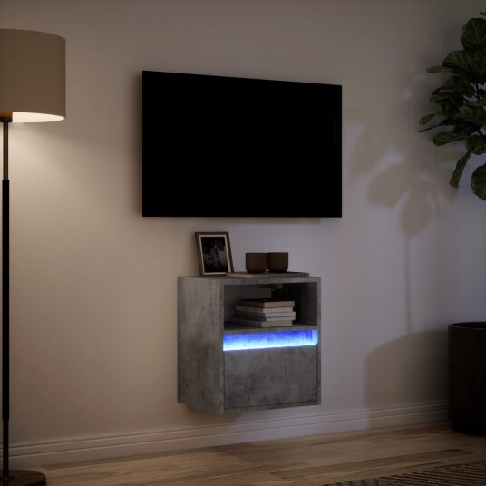 Vegghengt TV-benk med LED-lys betonggrå 41x31x45 cm 852319