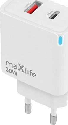 Maxlife GaN-lader med PD QC 1xUSB-C 1xUSB 30W hvit Maxlife GaN-lader med PD QC 1xUSB-C 1xUSB 30W hvit