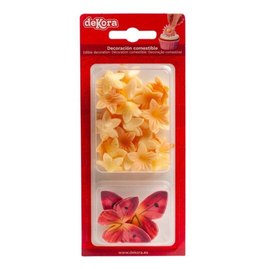 Spiselig Kakepynt Gule Mini Blomster Og Røde Sommerfugler Spiselig Kakepynt Gule Mini Blomster Og Røde Sommerfugler