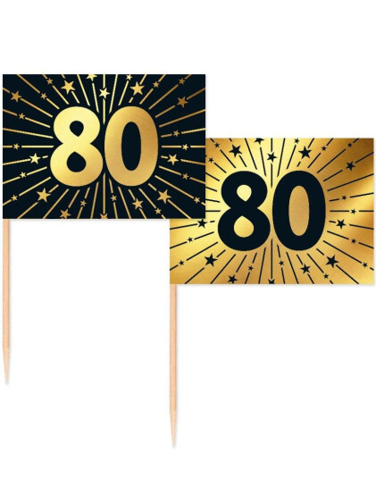 50 Stk 80 år Mat/Kakeflagg 6,5 cm - Svart og Gull 50 Stk 80 år Mat/Kakeflagg 6,5 cm - Svart og Gull