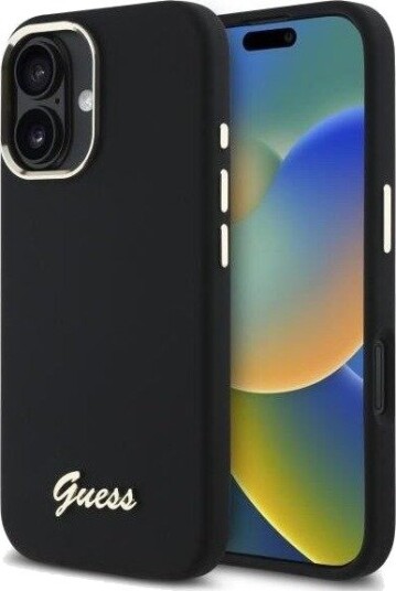 GUESS Hardcase til iPhone 16 med Metall-Logo og Silikon Ramme - Svart