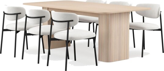 Kopparbo Spisebord 200-260 cm Uttrekkbart med ileggsplate med 6 Lucy Spisestoler - Hvit / Hvit Bouclé / Metallben Svart