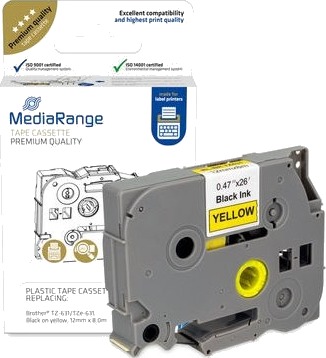 Mediarange   Laminert   Permanet Adhesiv   Svart På Gult   Rull 1,2 Cm X 8 M 1 KassettEr Hengeboks   Merketape Alternativ For: Brother Tz 631 Brother Tze 631   For Brother P Touch Pt 1080 1090 1230 1290 18 2110 2430 3600 7100 9800 P
