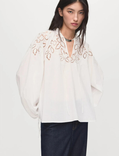 Mango Embroidered Blouse With Bows - White - S