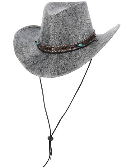 Grå Cowboy Hatt med Turkisfarget Stener og Snor