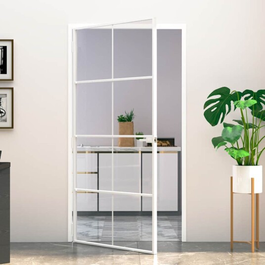 vidaXL Innerdør hvit 102x201,5 cm herdet glass og aluminium slank