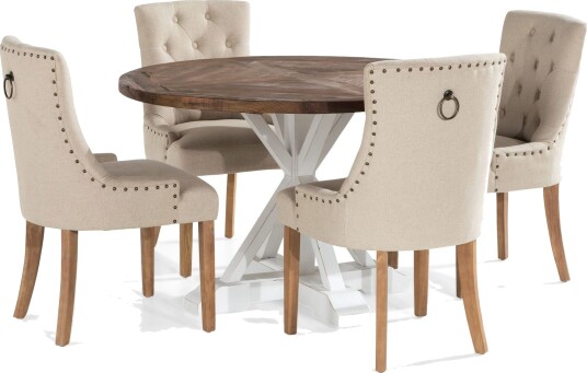 Lyon Spisegruppe Rund med 4 Viktoria Lenestoler Tre/Hvit/Beige