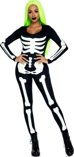 Skjelett Catsuit Kostyme til Dame Gløder i Mørket Large Skjelett Catsuit Kostyme til Dame Gløder i Mørket Large