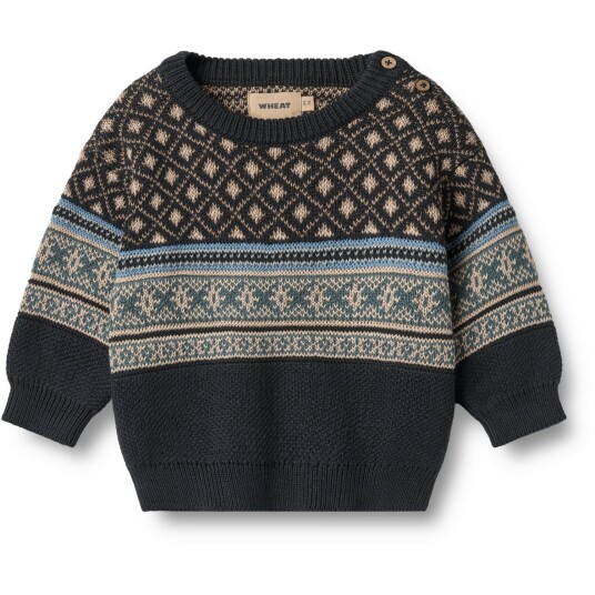 Wheat Navy Jaquard Pullover Julius 2 år/92
