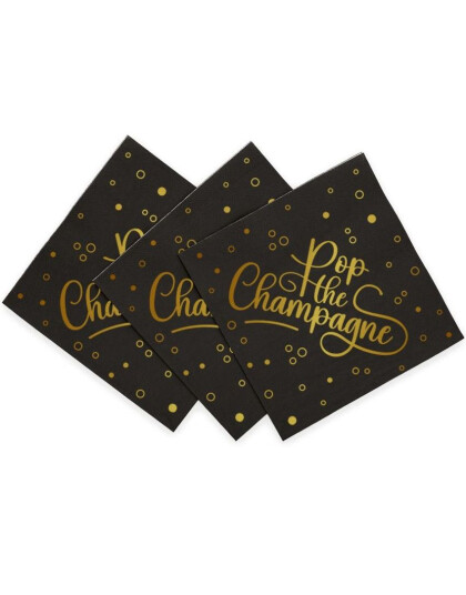 20 stk Pop the Champagne - Svarte Servietter 33x33cm