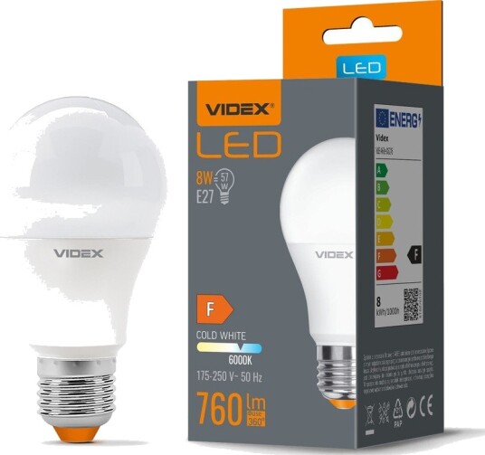 Videx E27 8W LED pære   A60 760lm 6000K kald hvit flicker free   Kulør : Kald