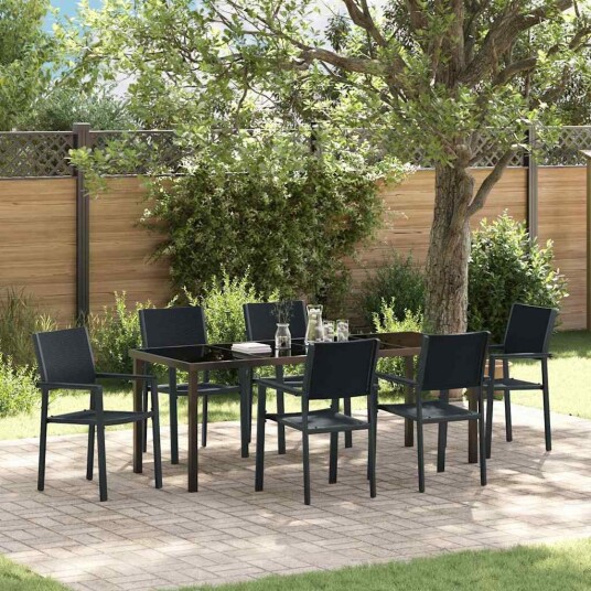 7 Delt Hage Spisebord Sett Svart Poly Rattan