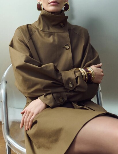 Mango Funnel Neck Belted Trench Coat   Khaki green   S