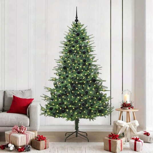  Kunstig forhåndsbelyst juletre med kule sett grønn 210 cm