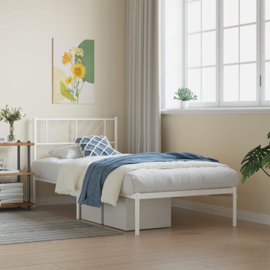 vidaXL Sengeramme i metall med hodegavl hvit 90x190 cm 8721012189997