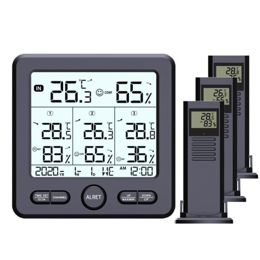 INF Digitalt termometer / hygrometer med 3 fjernsensorer Sort