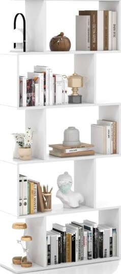 5 etasjes S formet bokhylle – hvit plassbesparende design