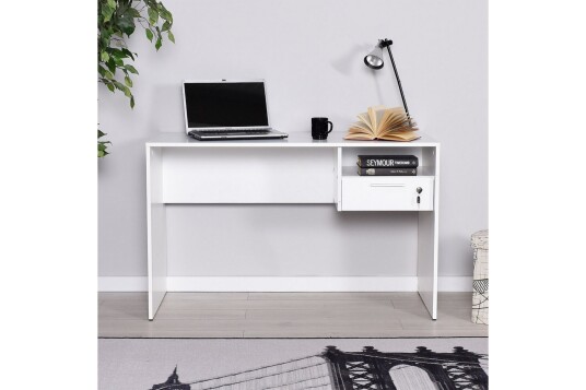 Skrivebord Mazirbe 120 cm med Oppbevaring Hyller + Låsbar Sk Hvit