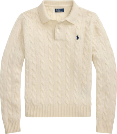 Polo Ralph Lauren Cable Knit Wool Cashmere Polo Sweater Cream XL