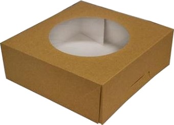 Kageæske Hængslet Låg Høj L190xb190xh80mm Pap/Plast Med Rund Rude Brun/Hvid,100 Stk/Krt