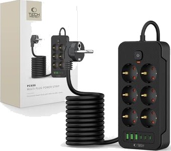 Tech-Protect PC6X6 Strømskinne med 6 Uttak 3 USB-A 3 USB-C 200 cm Svart