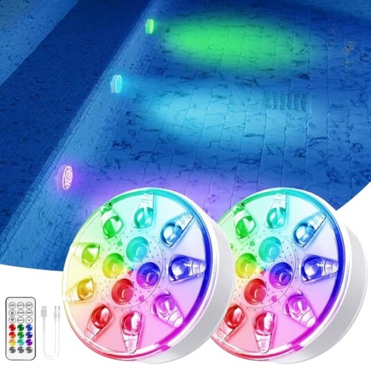 2 pakning Oppladbare LED bassenglys   IP68 Vanntette Senkelys med Fjernkontroll for Nedgravde/Ovenjordiske Bassenger Boblebad og Dekorasjon