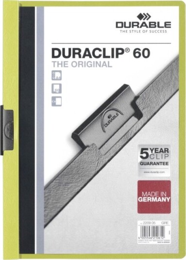 Durable Duraclip 60 Klipsfil For A4 210 X 297 Mm Kapasitet: 60 Ark Grønn Med Transparent Frontdekke