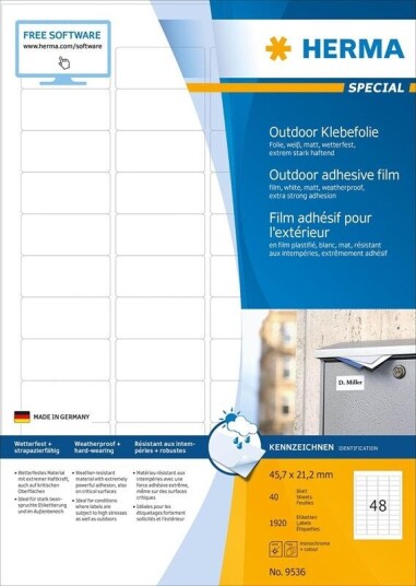 HERMA Weatherproof outdoor film labels A4 45.7 x 21.2 mm white HERMA Weatherproof outdoor film labels A4 45.7 x 21.2 mm white