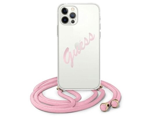 Guess Mobildeksel til iPhone 12/12 Pro, Rosa Gjennomsiktig Hardcase